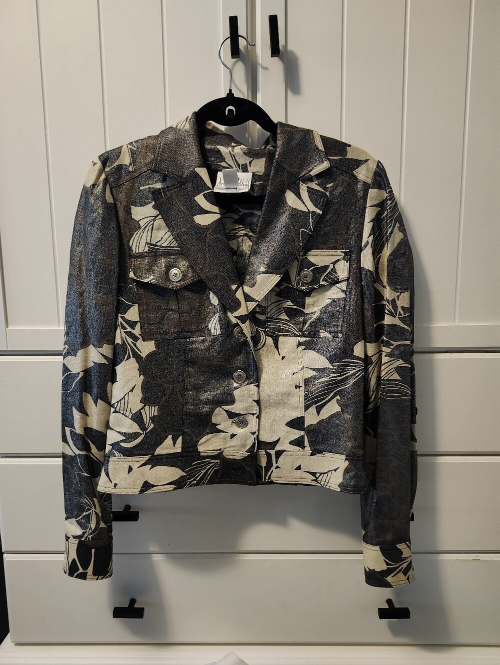 Joseph Ribkoff Linen/Rayon Floral Print Women's Jacket in Black & Cream Sz 8